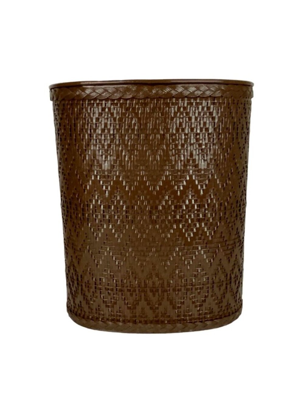 Vintage Brown Woven Straw Wrapped Metal Waste Basket Oval Trash Can 1970s